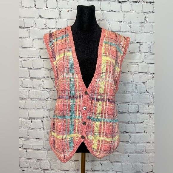VINTAGE LYNN NOVAK HAND KNITTED COTTON LINEN VEST | Pink Yellow Blue Size Small - Picture 1 of 12
